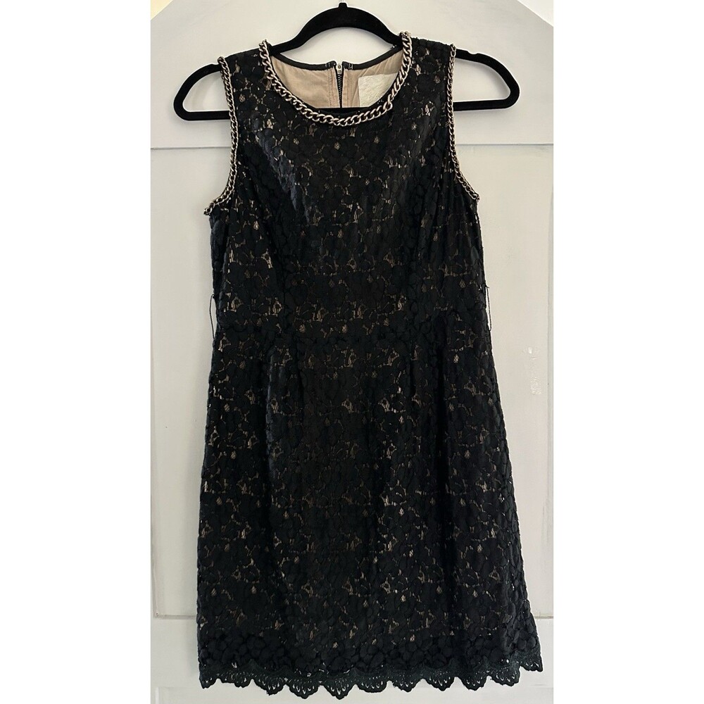 Anthropologie Champagne & Strawberry Black Lace Shift Dress Gold Chain Accent M